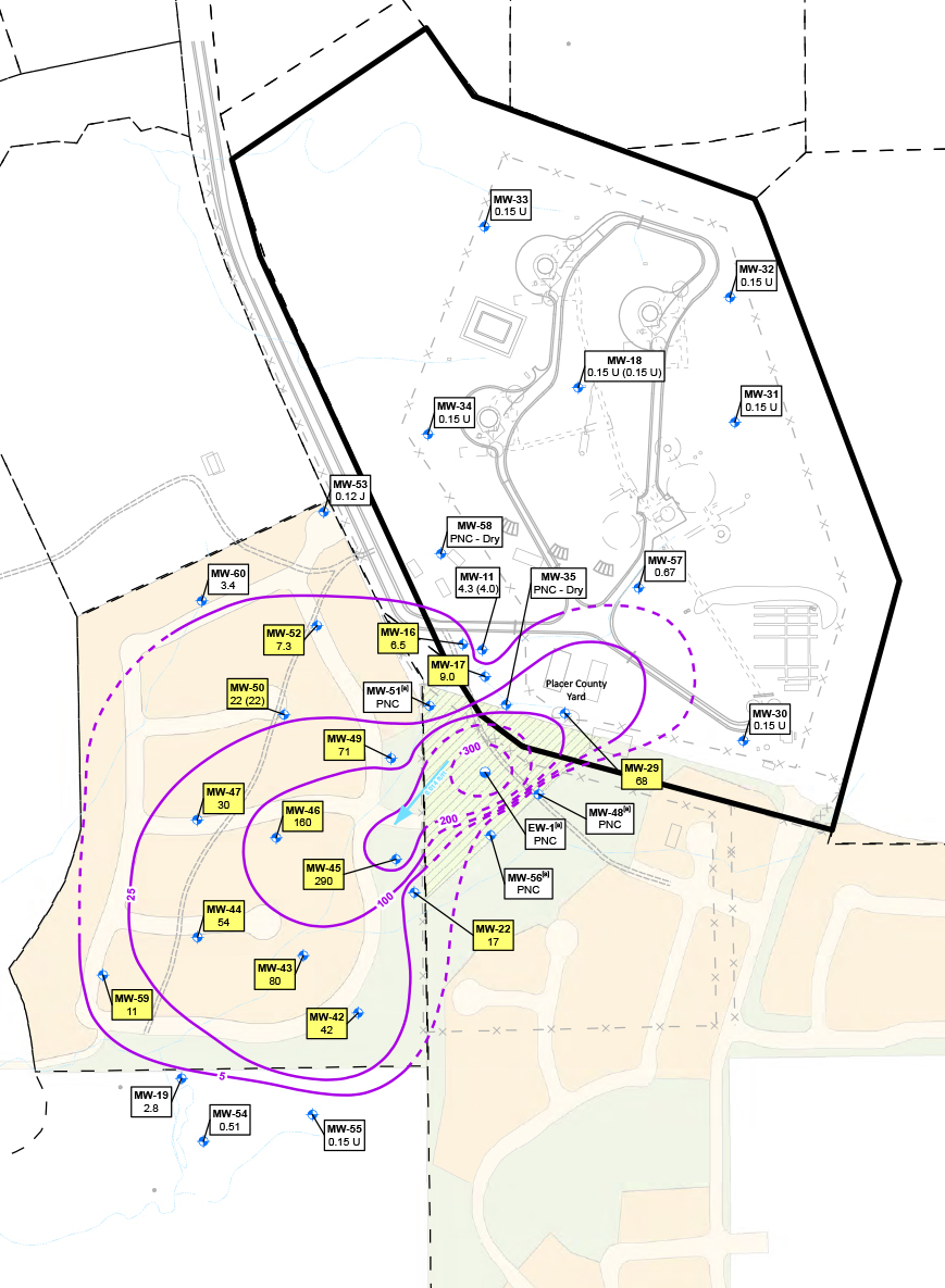 map showing locations of groundwater monitoring wells and latest findings of TCE levels